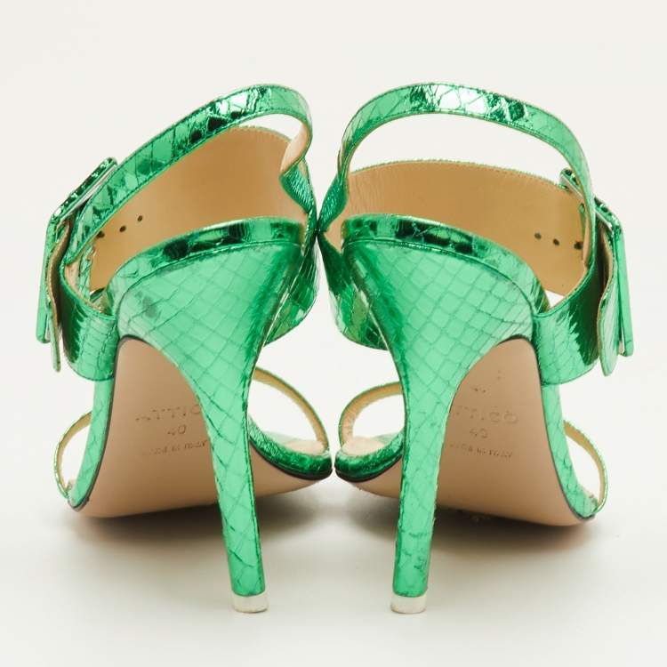 Pre Owned The Attico Mariah Size 40 Metallic Green Python Embossed Leather Ankle Strap Sandals