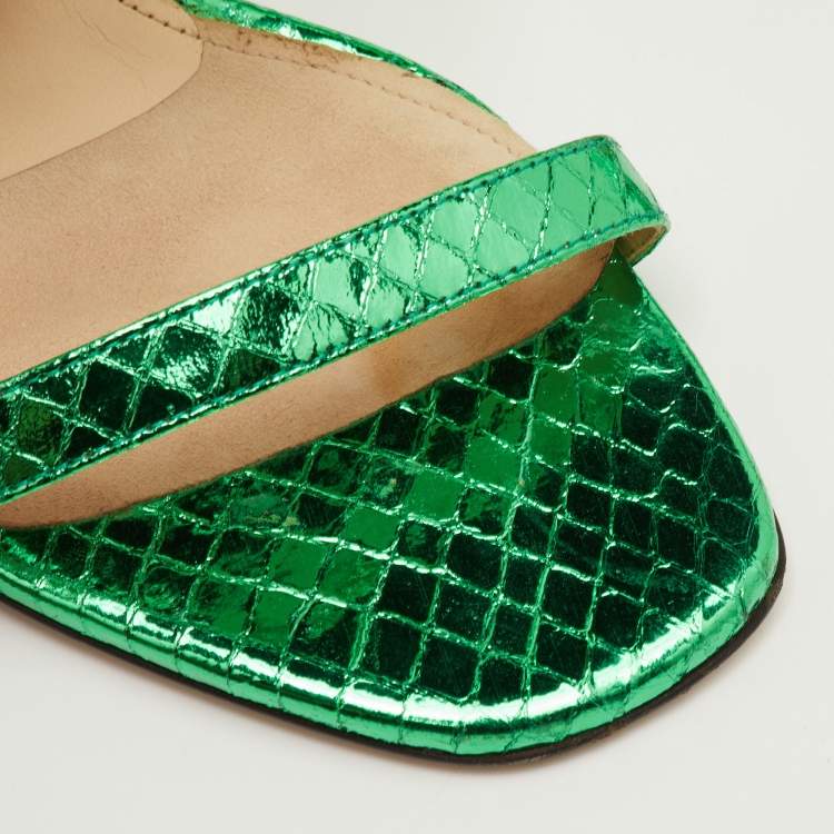 Pre Owned The Attico Mariah Size 40 Metallic Green Python Embossed Leather Ankle Strap Sandals