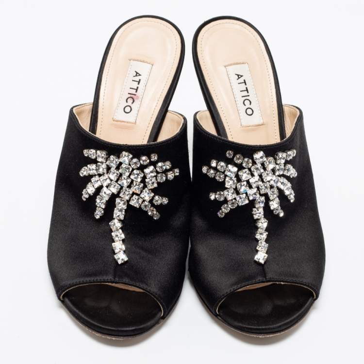 Pre Owned The Attico Black Satin Crystal Embellished Pamela Mules Size 37