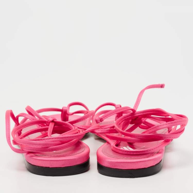 Pre Owned The Attico Hot Pink Satin Ankle Tie Flat Sandals Size 39