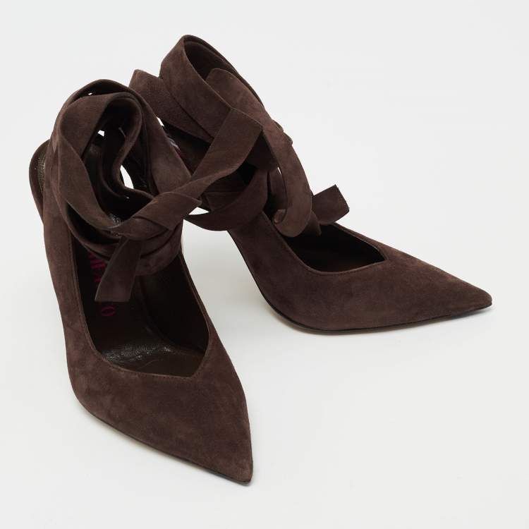 Pre Owned The Attico Brown Suede  Venus Ankle Wrap Pumps Size 36
