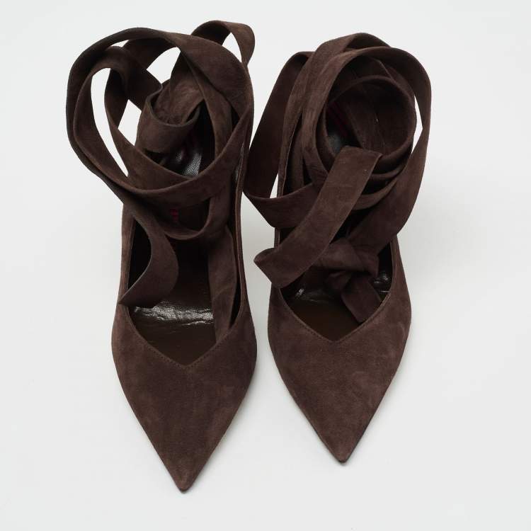 Pre Owned The Attico Brown Suede  Venus Ankle Wrap Pumps Size 36
