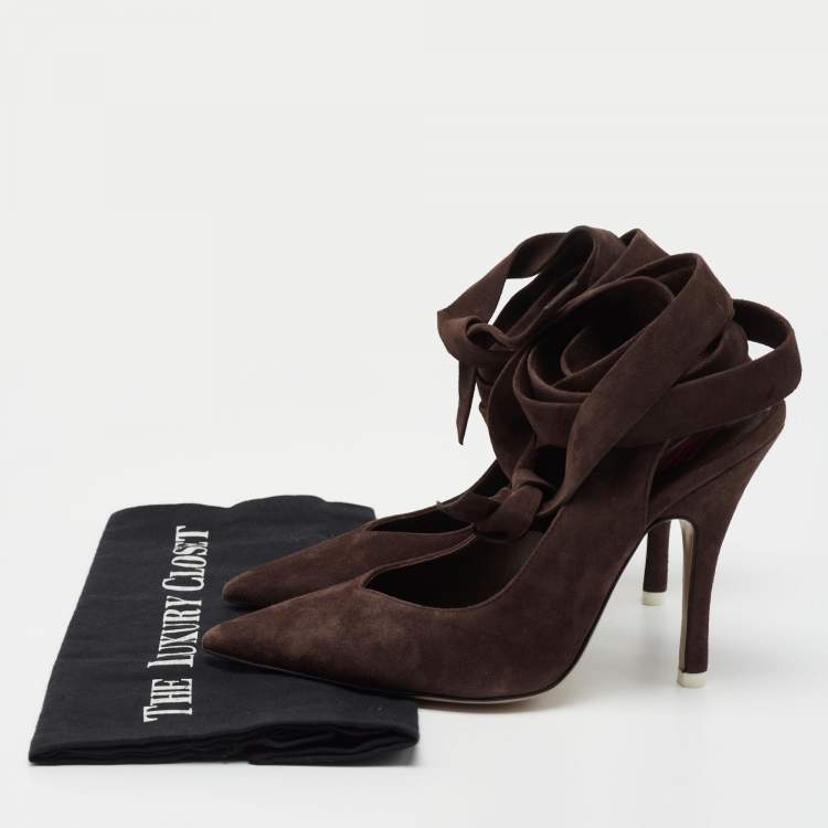 Pre Owned The Attico Brown Suede  Venus Ankle Wrap Pumps Size 36
