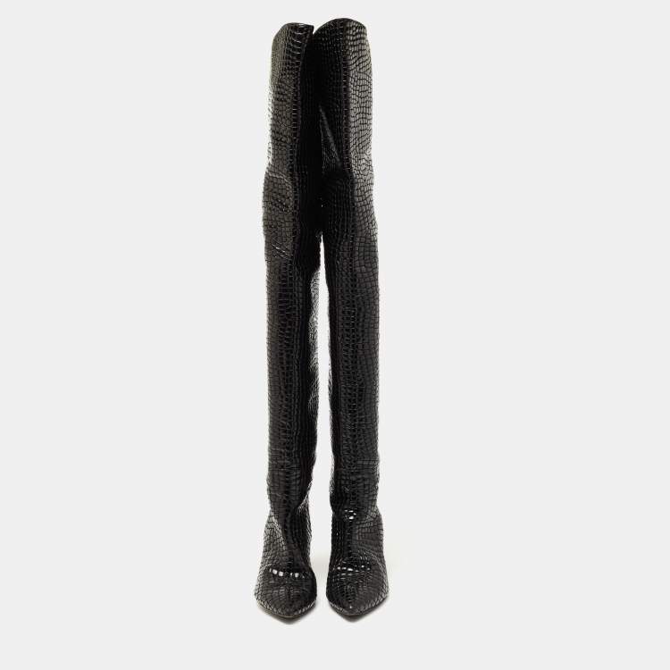 Pre Owned The Attico Black Croc Embossed Leather Over the Length Boots Size 39