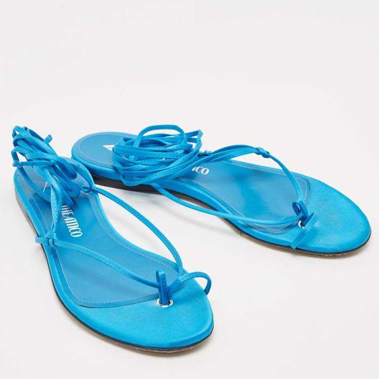 Pre Owned The Attico Blue Satin Ankle Tie Flat Sandals Size 38