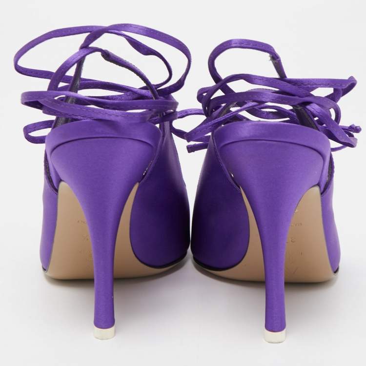 Pre Owned The Attico Purple Satin Venus Slingback Ankle Tie Pumps Size 37.5
