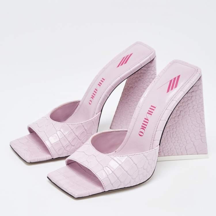 Pre Owned The Attico Pastel Pink Croc Embossed Leather Slide Sandals Size 37
