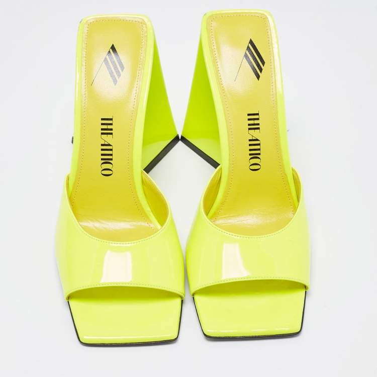 Pre Owned The Attico Neon Yellow Patent Leather Devon Slide Sandals Size 37