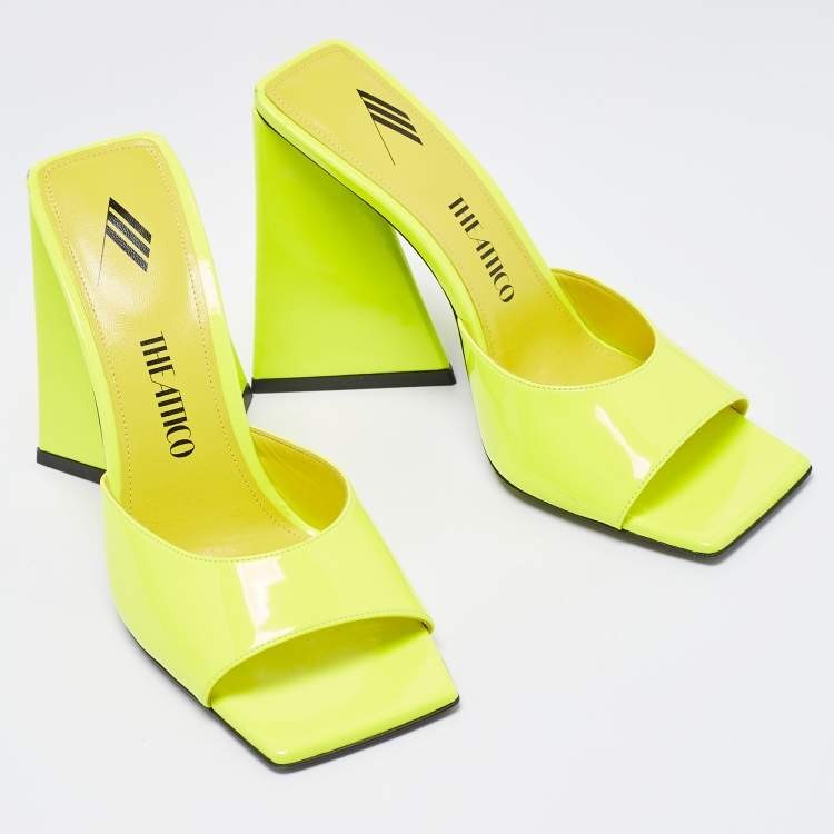Pre Owned The Attico Neon Yellow Patent Leather Devon Slide Sandals Size 37