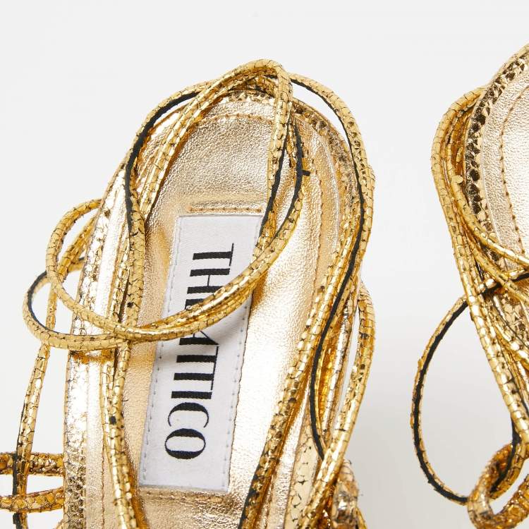Pre Owned The Attico Metallic Gold Leather Ankle Wrap Sandals Size 41 