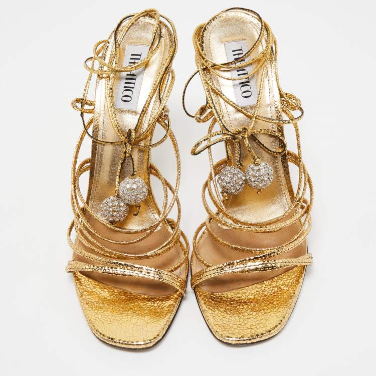 Pre Owned The Attico Metallic Gold Leather Ankle Wrap Sandals Size 41 