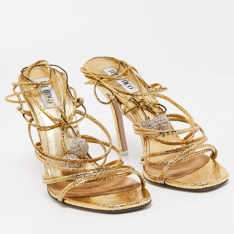 Pre Owned The Attico Metallic Gold Leather Ankle Wrap Sandals Size 41 