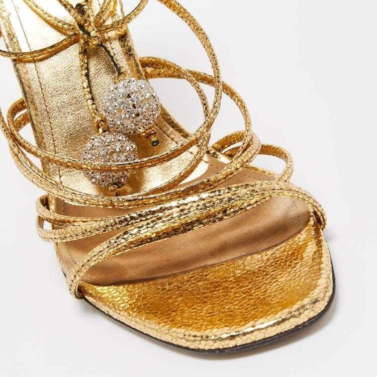 Pre Owned The Attico Metallic Gold Leather Ankle Wrap Sandals Size 41 