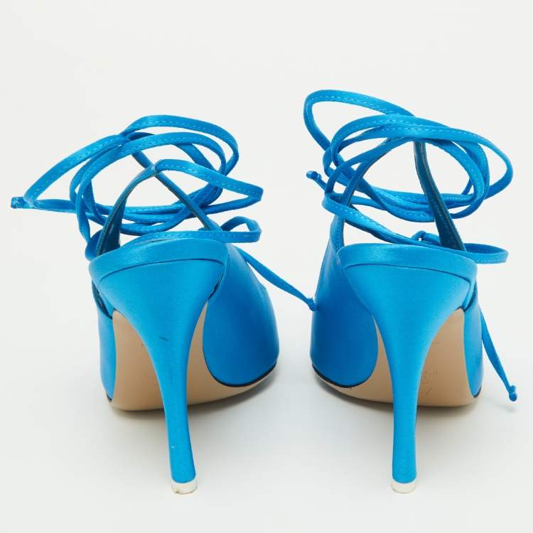 Pre Owned The Attico Blue Satin Slingback Ankle Tie Pumps Size 38
