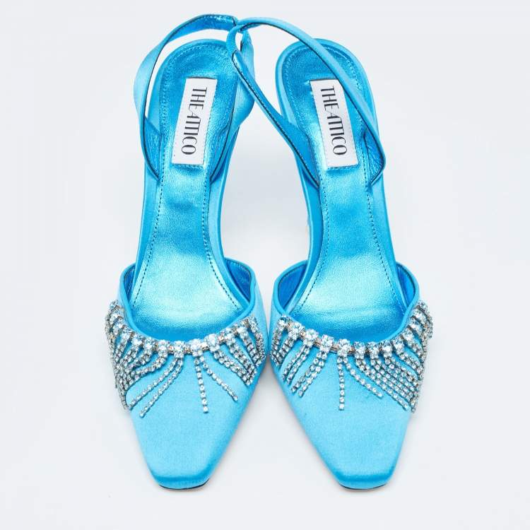 Pre Owned The Attico Blue Satin Crystal Embellished Slingback Pumps Size 38