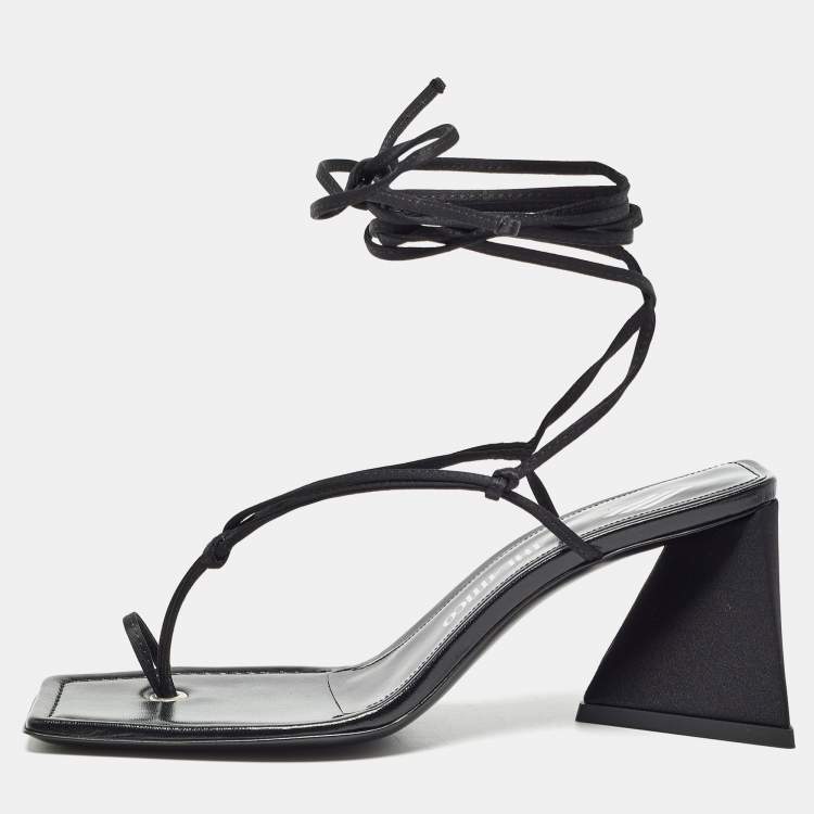 Pre Owned The Attico Black Satin and Leather Mona Ankle Wrap Sandals Size 38