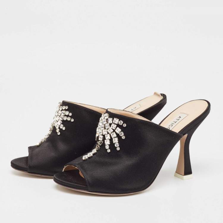 Pre Owned The Attico Black Satin Crystal Embellished Pamela Mules Size 38