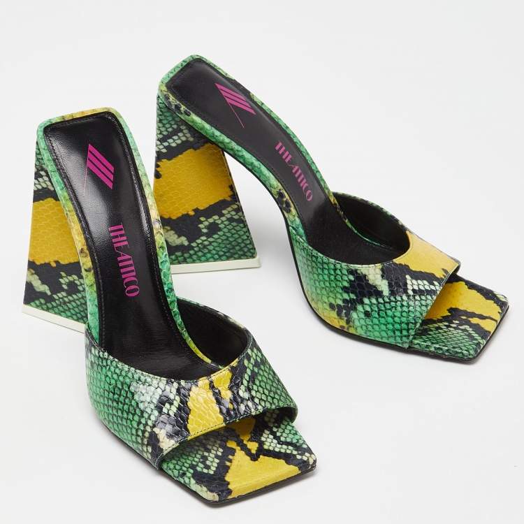 Pre Owned The Attico Green/Black Embossed Snakeskin Devon Slide Sandals Size 40