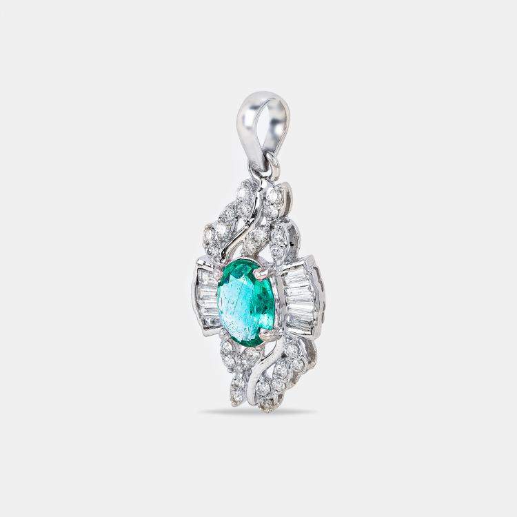 Pre Owned 18K Gold Round And Baguette Natural Emerald And Diamond Pendant