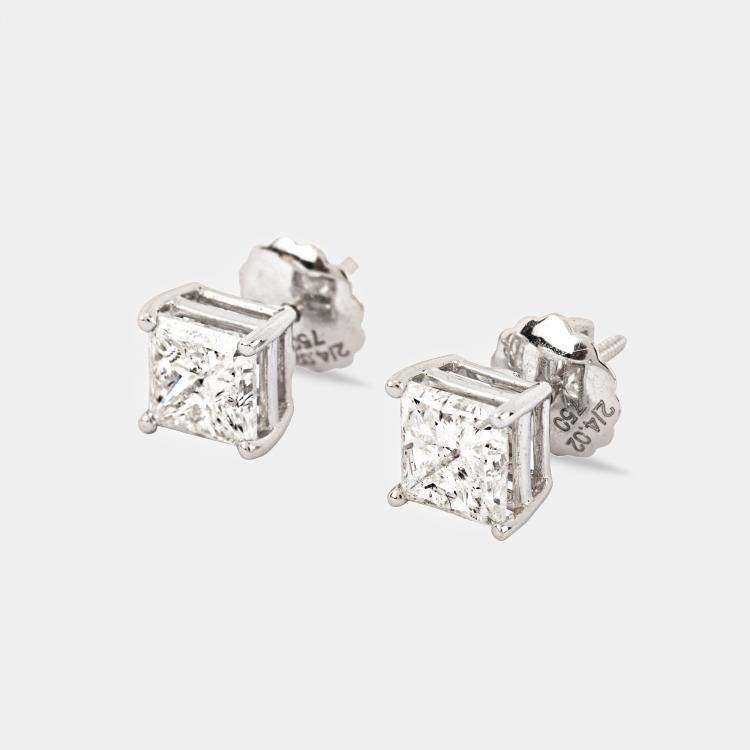 Pre Owned 4.02 cts Princess Cut 18k White Gold Diamond Solitaire Earrings (4.02ct)