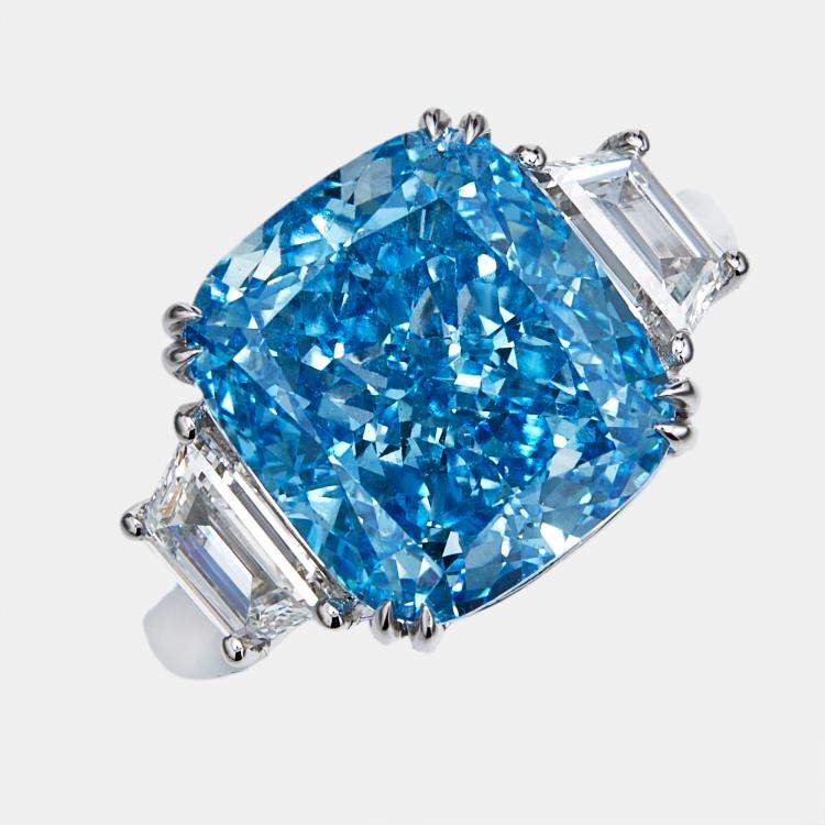 Pre Owned 9.30 cts Blue Cushion Baguette 18k White Gold Lab Grown Diamond Ring Size 52