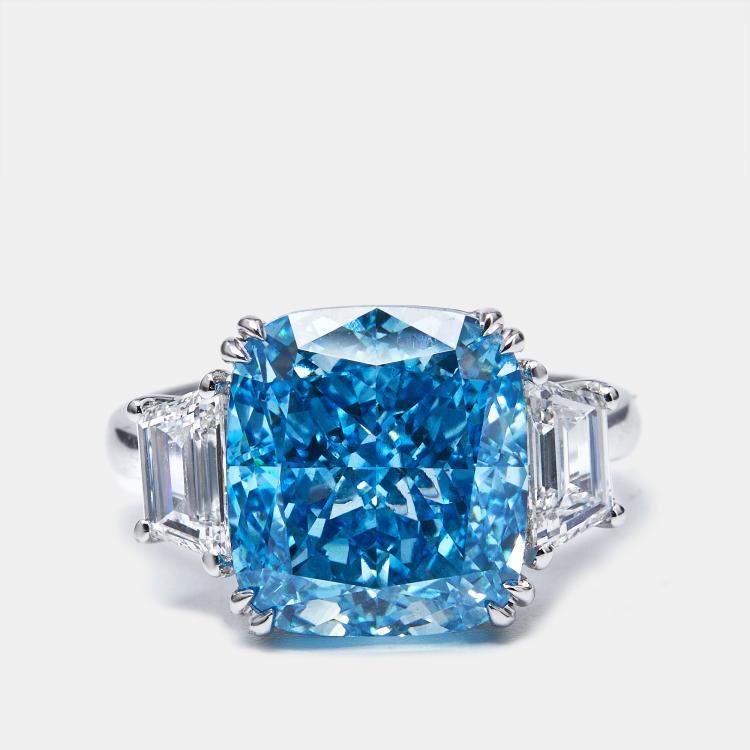 Pre Owned 9.30 cts Blue Cushion Baguette 18k White Gold Lab Grown Diamond Ring Size 52