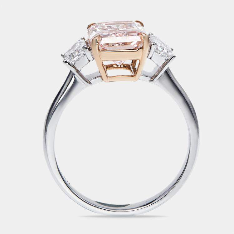 Pre Owned 3.70 cts Pink Radiant Cut and Baguette 18k Two Tone Gold Lab Grown Diamonds Ring Size 52