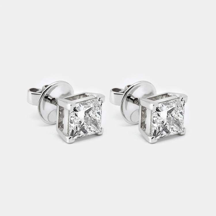 Pre Owned 3.00 cts Princess Cut 18k White Gold Lab Grown Diamonds Earrings