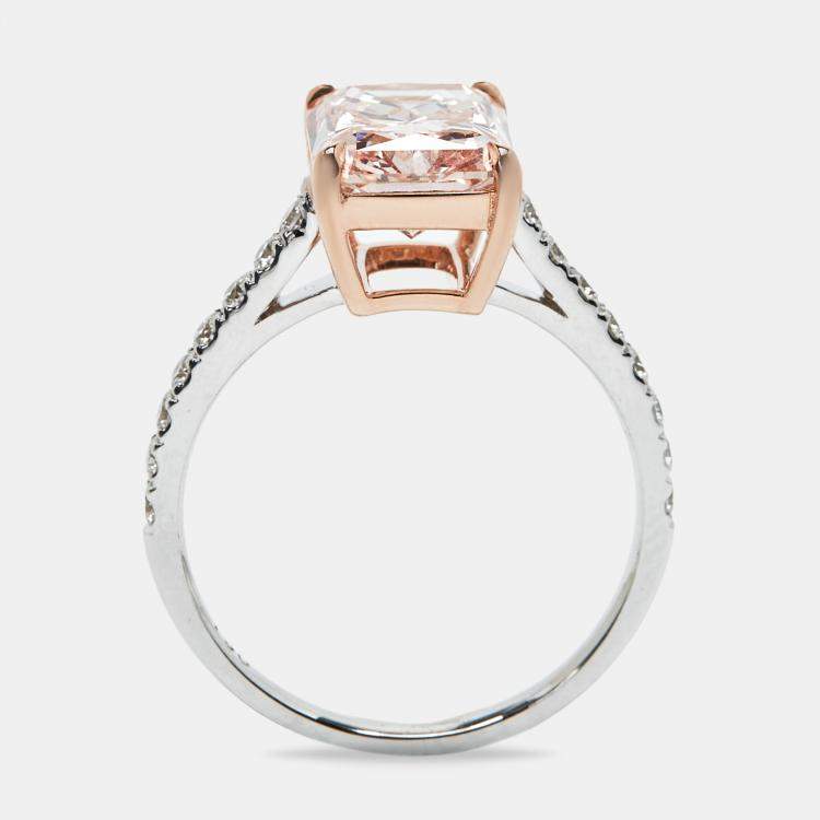 مملوكة مسبقًا 3.40 cts Pink Radiant and Round Lab Grown Diamond 18k Two Tone Gold Ring Size 52