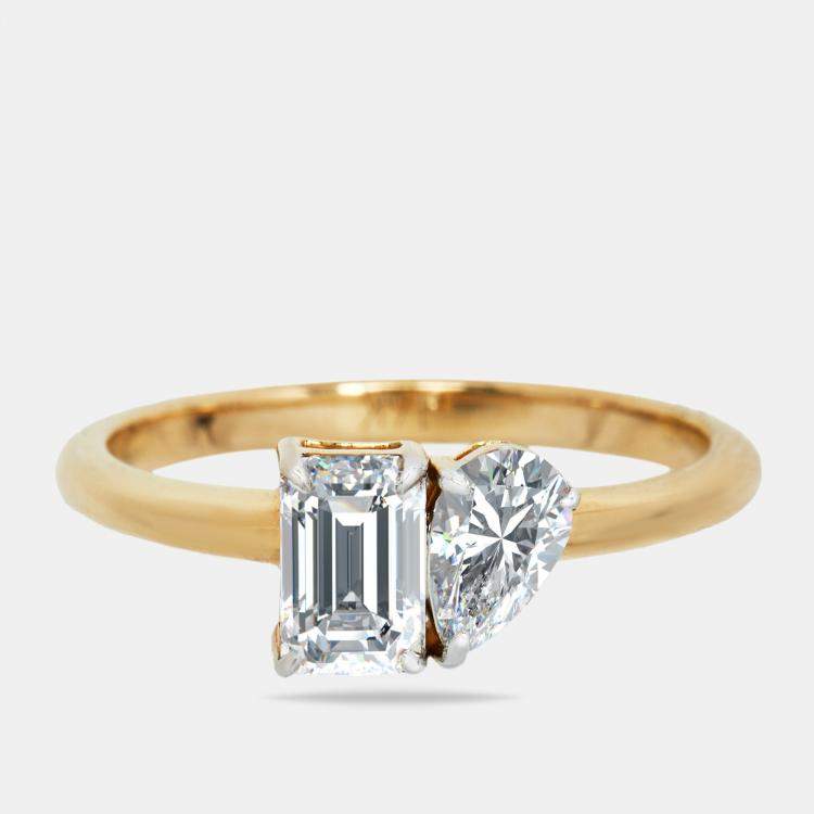 Pre Owned 1.00 cts Emerald Cut and Pear Lab Grown Diamond 18k Yellow Gold Ring Size 55