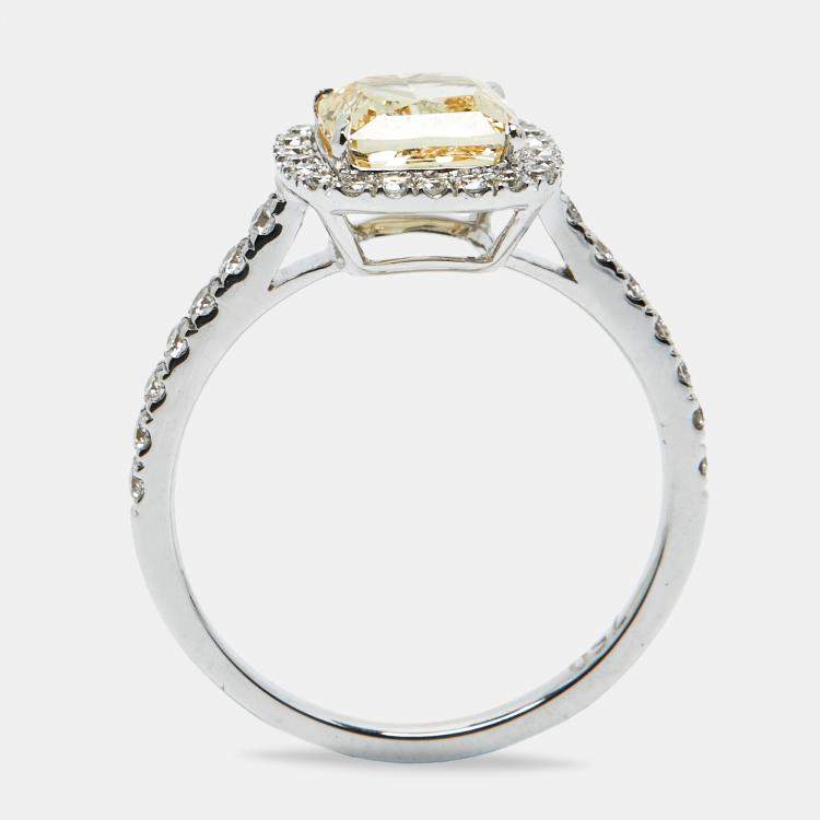 Pre Owned 2.00 cts Yellow Cushion Cur and Round Lab Grown Diamond 18k White Gold Ring Size 51