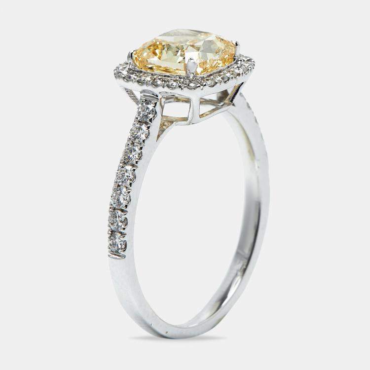 Pre Owned 2.00 cts Yellow Cushion Cur and Round Lab Grown Diamond 18k White Gold Ring Size 51