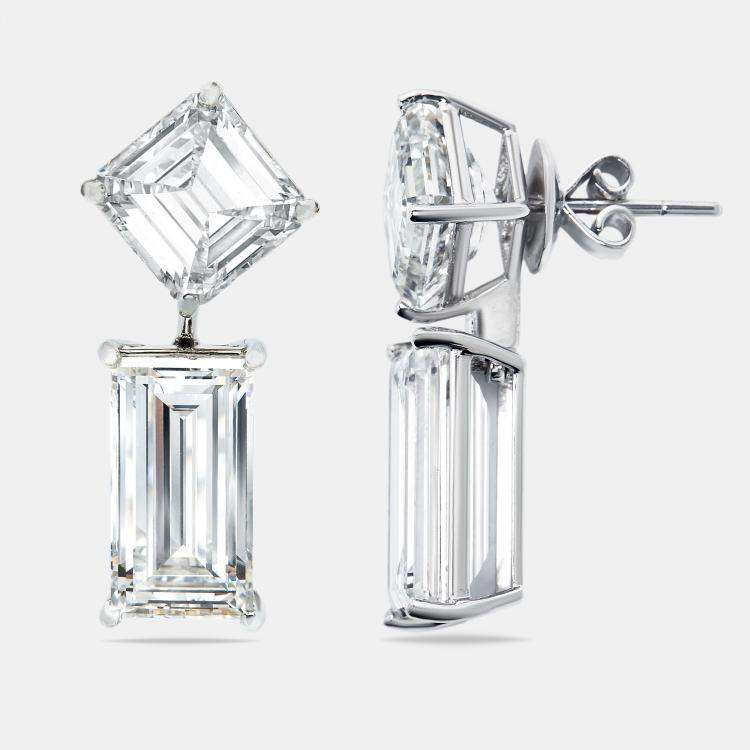 Pre Owned 24.00 cts Emerald Cut and Asscher Cut Lab Grown Diamond 18k White Gold Earrings