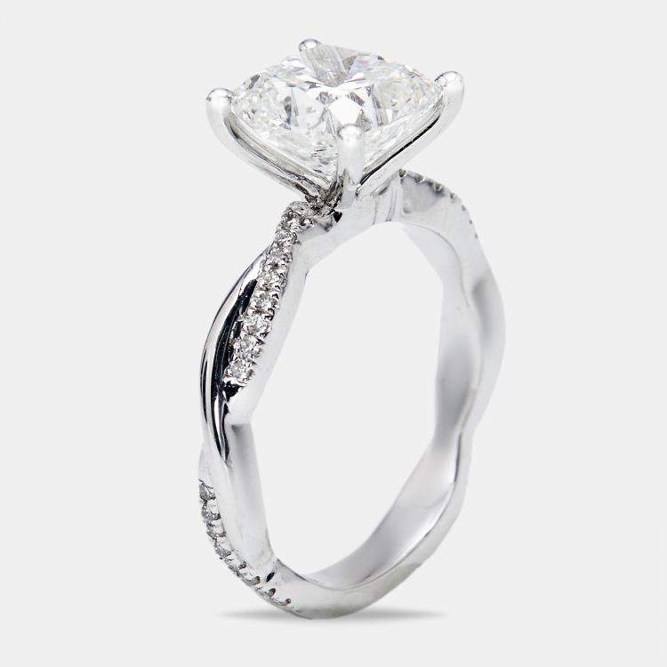 Pre Owned 3.20 cts Cushion Cut and Round Lab Grown Diamond 18k White Gold Ring Size 52