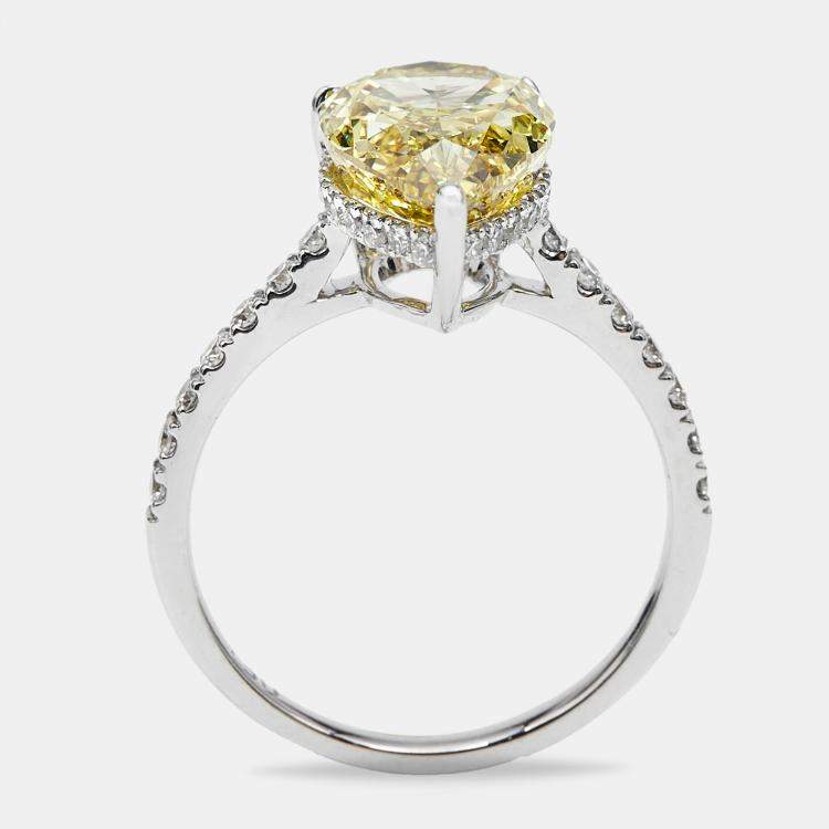 Pre Owned 4.50 cts Yellow Pear and Round Lab Grown Diamond 18k White Gold Ring Size 52