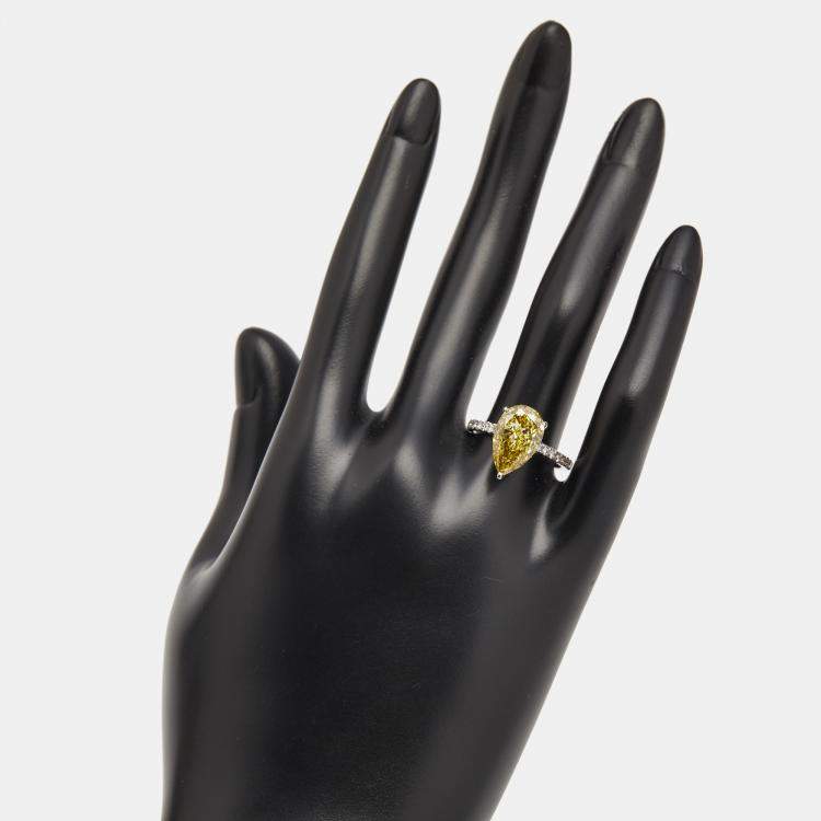 Pre Owned 4.50 cts Yellow Pear and Round Lab Grown Diamond 18k White Gold Ring Size 52