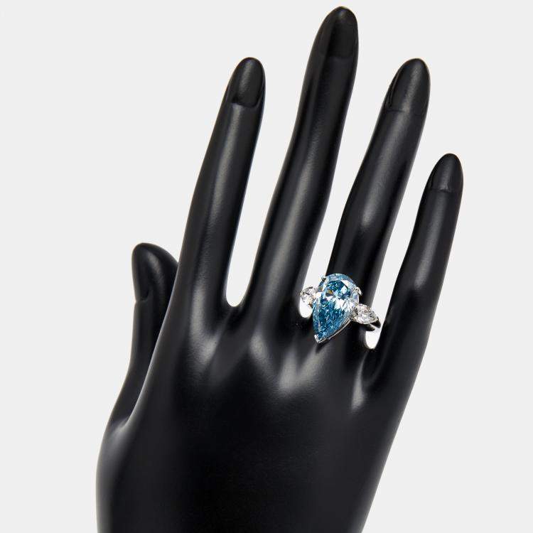 Pre Owned 7.05 cts Blue Pear Cut Lab Grown Diamond 18k White Gold Ring Size 53
