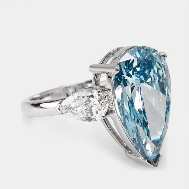 Pre Owned 7.05 cts Blue Pear Cut Lab Grown Diamond 18k White Gold Ring Size 53