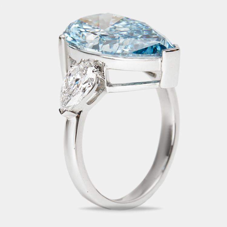 Pre Owned 7.05 cts Blue Pear Cut Lab Grown Diamond 18k White Gold Ring Size 53