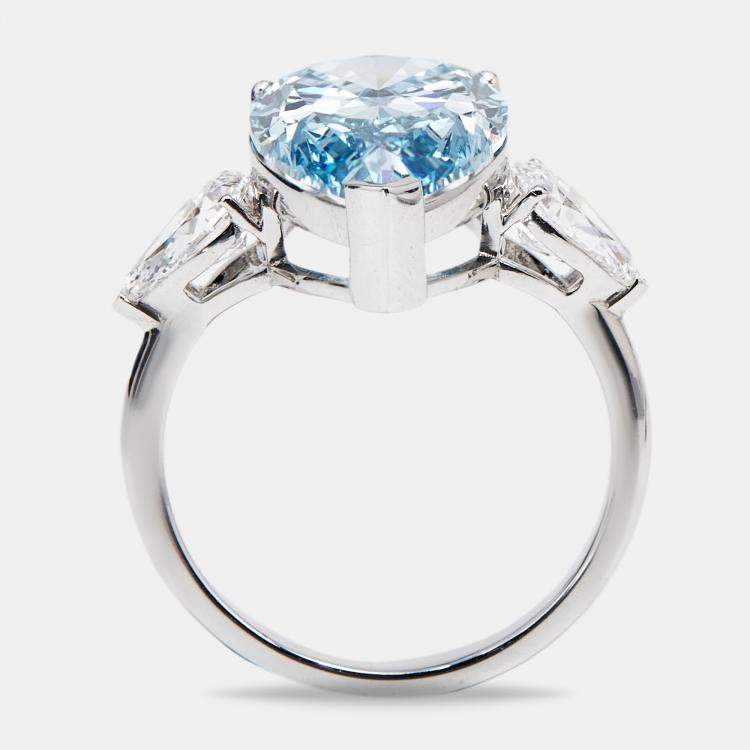 Pre Owned 7.05 cts Blue Pear Cut Lab Grown Diamond 18k White Gold Ring Size 53