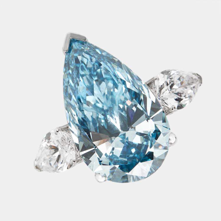 Pre Owned 7.05 cts Blue Pear Cut Lab Grown Diamond 18k White Gold Ring Size 53