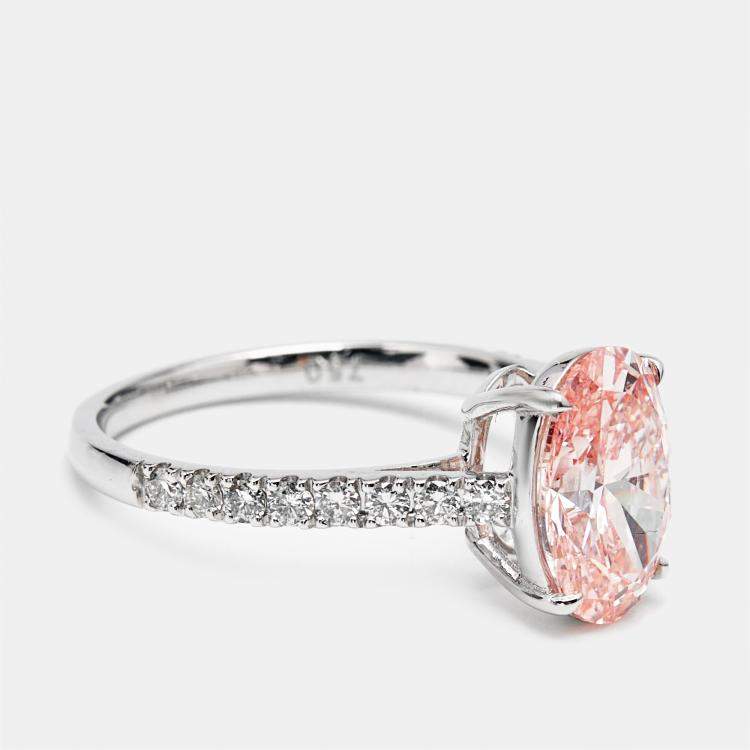 Pre Owned 2.30 cts Pink Oval and Round Lab Grown Diamond 18k White Gold Ring Size 51