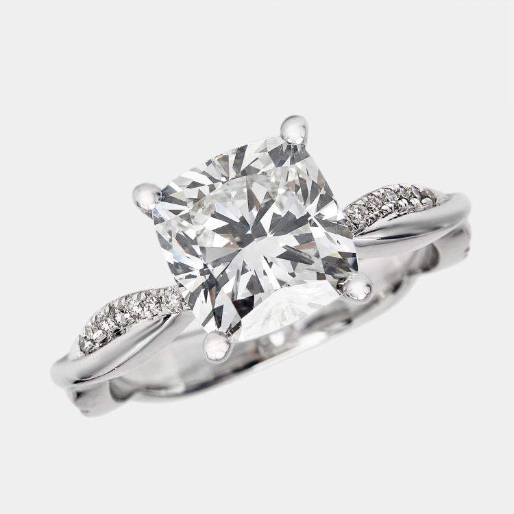 Pre Owned 3.20 cts Cushion Cut and Round Lab Grown Diamond 18k White Gold Ring Size 53
