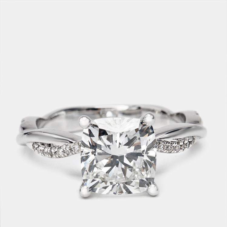 Pre Owned 3.20 cts Cushion Cut and Round Lab Grown Diamond 18k White Gold Ring Size 53