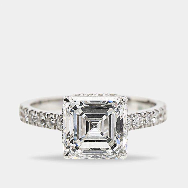 Pre Owned 3.80 cts Asscher Cut Round Brilliant 18k White Gold Lab Grown Diamonds Ring Size 54