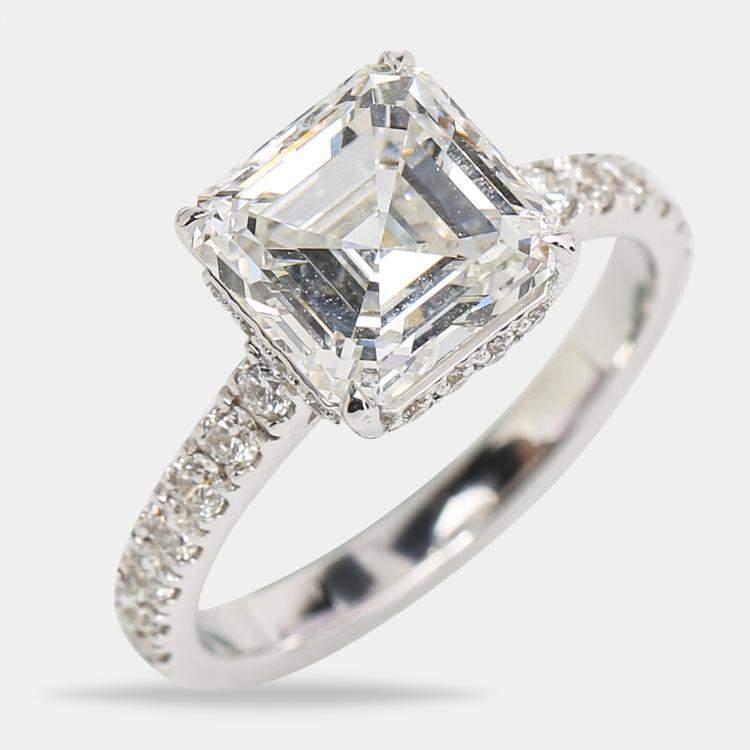 Pre Owned 3.80 cts Asscher Cut Round Brilliant 18k White Gold Lab Grown Diamonds Ring Size 54