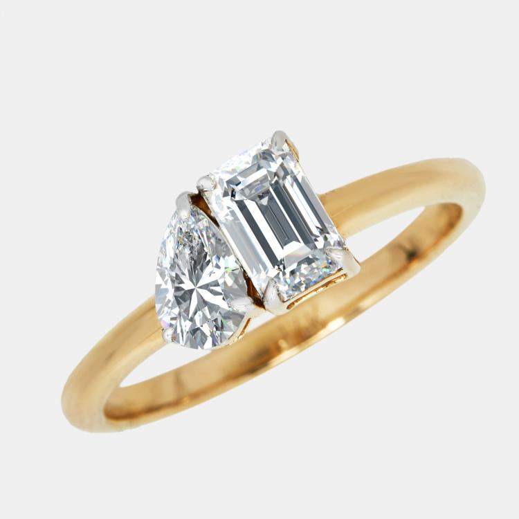 Pre Owned 1.00 cts Emerald Cut and Pear Lab Grown Diamond 18k Yellow Gold Ring Size 52