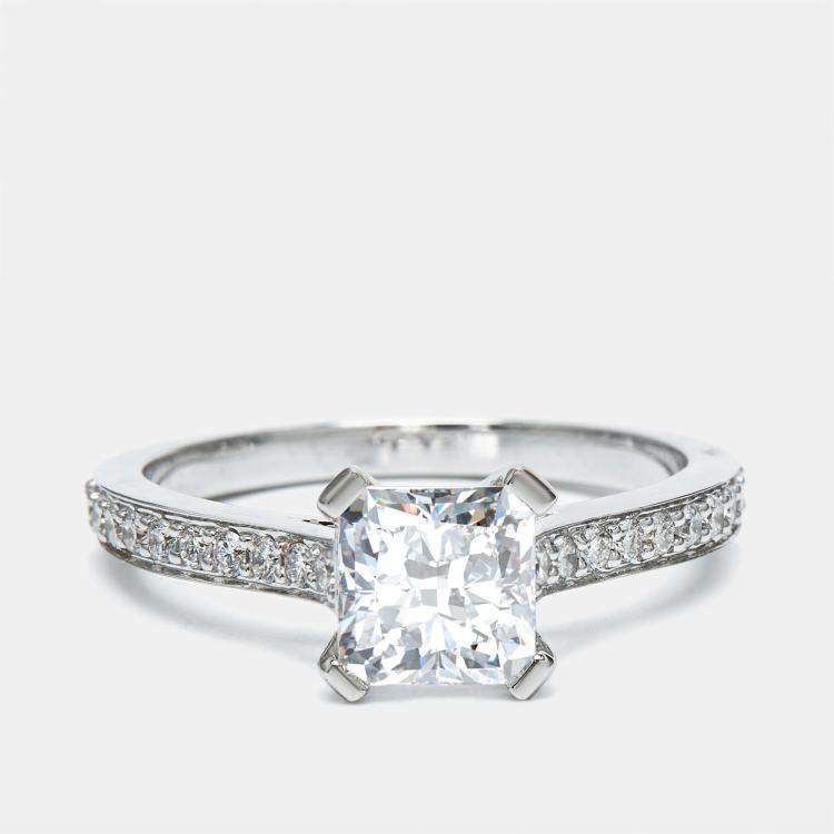 Pre Owned 2.40 cts Princess and Round Lab Grown Diamond 14k White Gold Ring Size 54