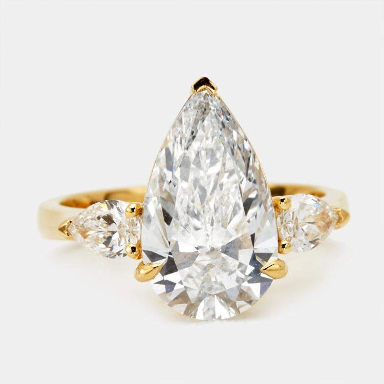 Pre Owned 3.80 cts Pear Brilliant Lab Grown Diamond 18k Yellow Gold Ring Size 53