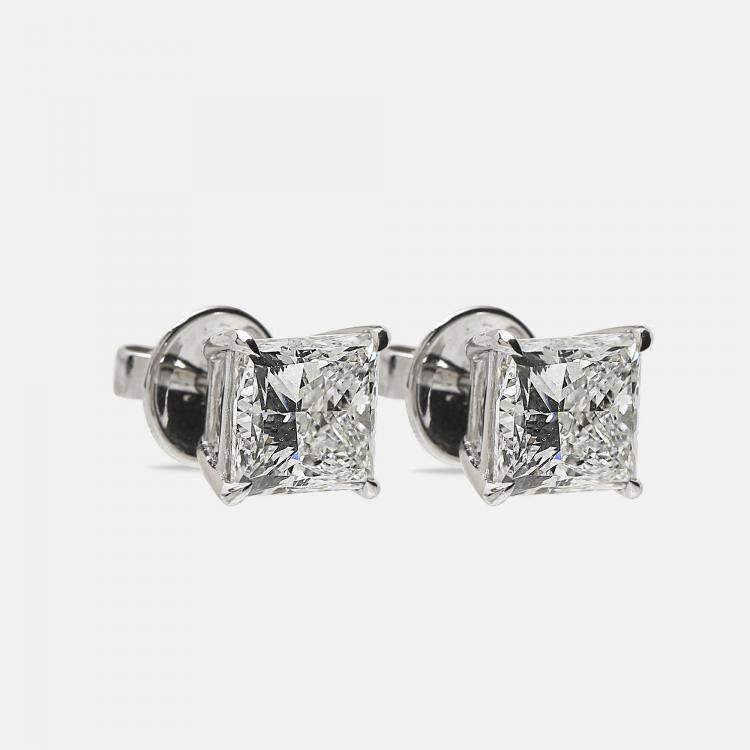 Pre Owned 6.00 cts Princess Cut 18k White Gold Lab Grown Diamonds Solitaire Earrings